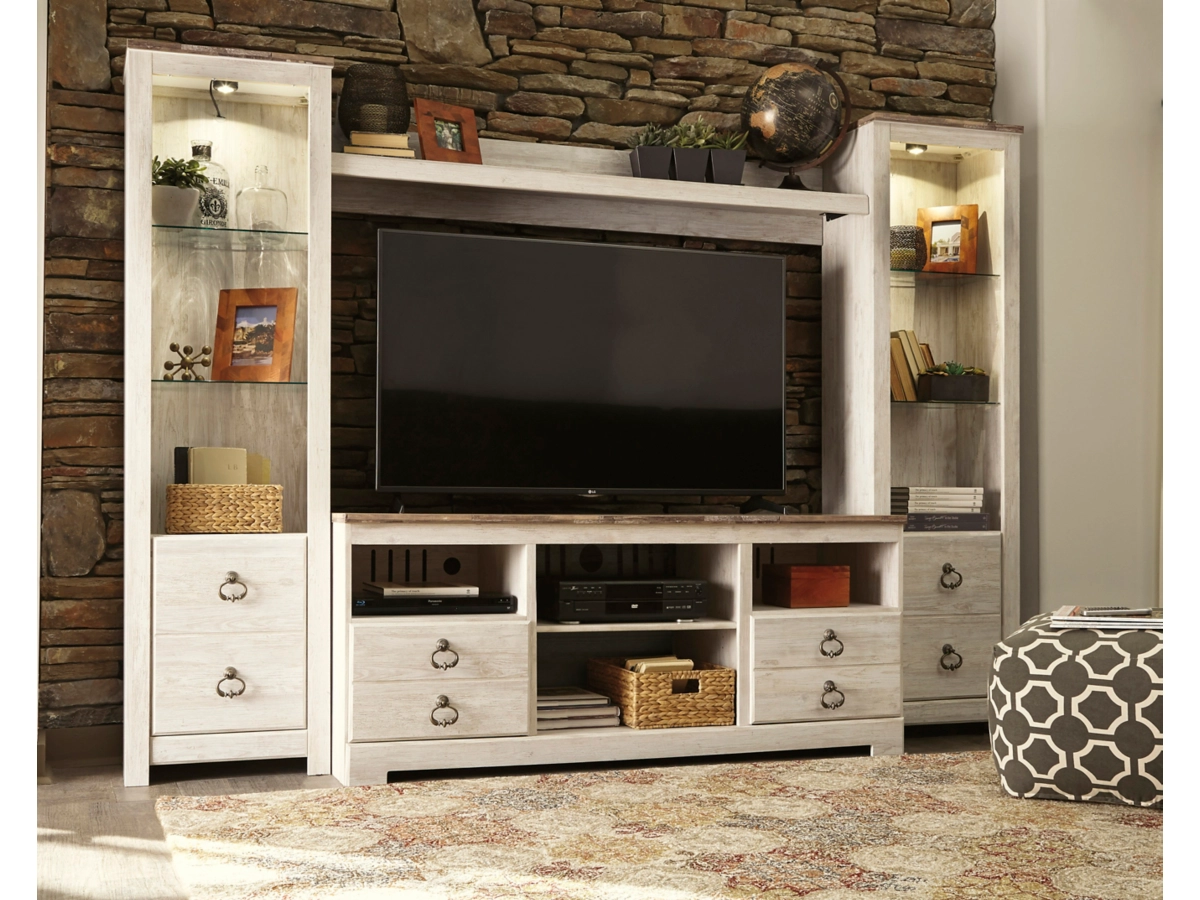 Love a Farmhouse Look?  The Willowton 4-Piece Entertainment Center is Amazing! Check Out This Stylish and Affordable Option.